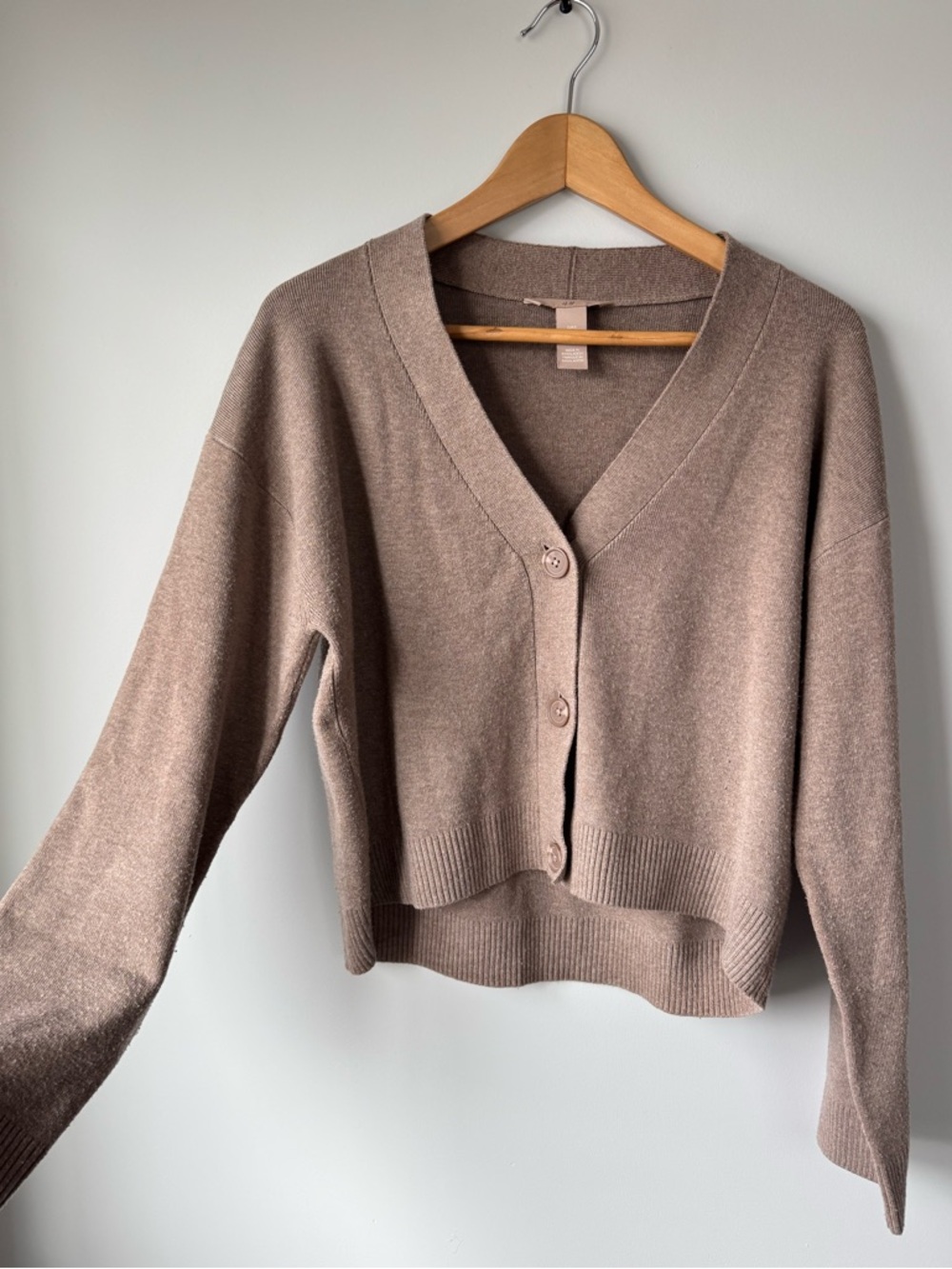 (S) H&M Cropped V-Neck Button Cardigan - Taupe Brown